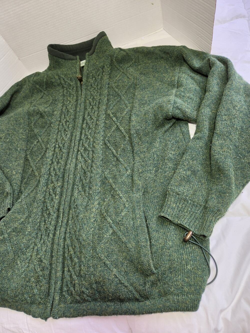 Aran Sweater Men L Green 100% Merino Wool Knitted Irish Traditional Cable Knit